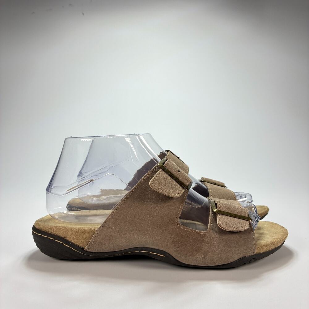 J-41 Pingree Tan Open Toe Suede Double Buckle Comfort Slide Sandals Women Sz 8M